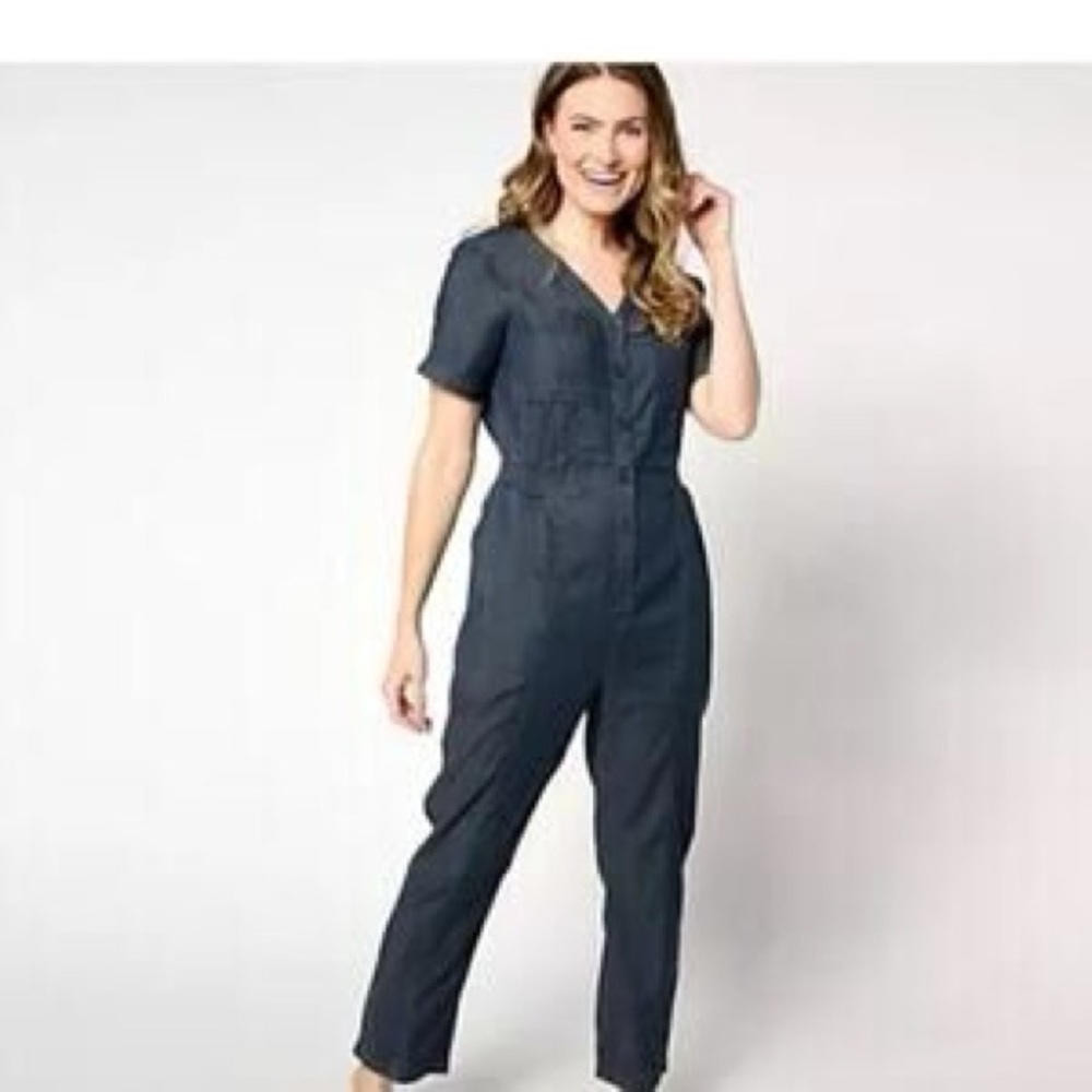 AnyBody Regular Drapey Denim Button-Front Jumpsuit